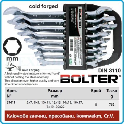 Ключове гаечни студено пресовани DIN3110, комплект, 8 части, 15°, CrV, от 6-22mm, Bolter, 52411.