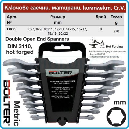 Ключове гаечни сатен/мат DIN3110, ковани к-т 8 части, 15°, CrV, от 6-22mm, Bolter, 13835.