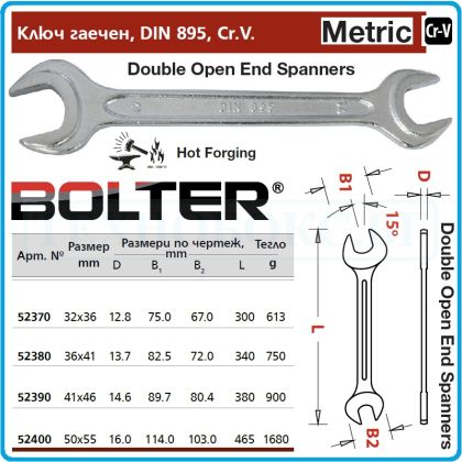 Ключ гаечен DIN895, кован, закален и темпериран, 15°, CrV, от 32-55mm, Bolter, 5237-40.