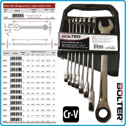 Ключове звезди с тресчотка, комплект, 12 части, CrV, от 8-19mm, Bolter, 52465.