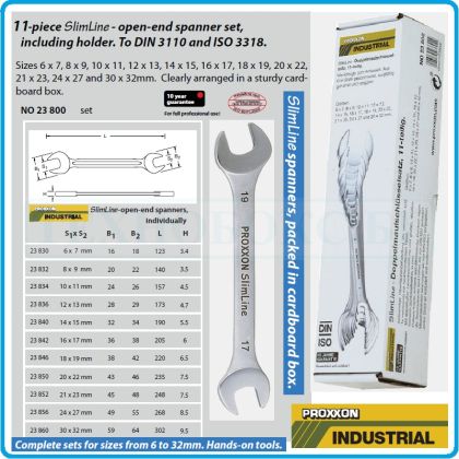 Ключове гаечни хромирани DIN3110, к-т 11 части, 15°, CrV, от 6-32mm, Proxxon, 23802.