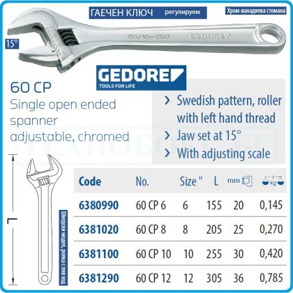 Ключ раздвижен, гаечен, ISO6787, 6"-12" Pro, 4 размера, захвати от 0-36mm, CrV, Gedore, 60CP6-12.