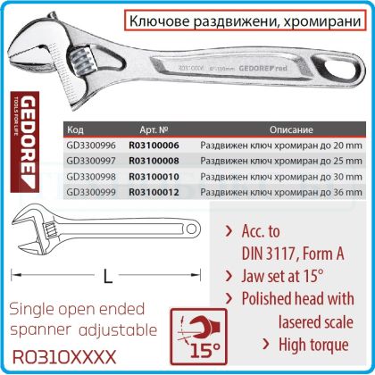 Ключ раздвижен, гаечен, 6"-12" Pro, DIN3117, 4 размера, захвати от 0-36mm, CrV, Gedore, R3106-12.
