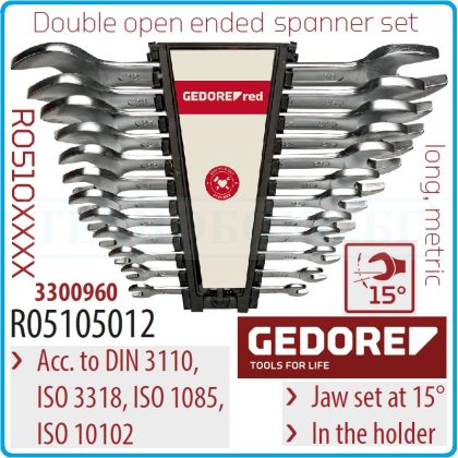 Ключове гаечни, ISO3318, DIN3110, пълен к-т, 12 части, 15°, CrV, от 6-32mm, Gedore, R5105012.