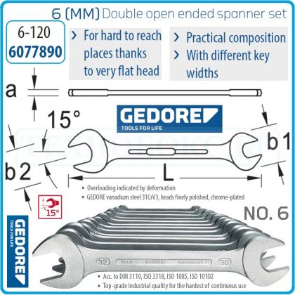 Ключове гаечни, DIN3110,  ISO3318, пълен к-т, 12 части, 15°, 31CrV3, от 6-32mm, Gedore, 6-120.