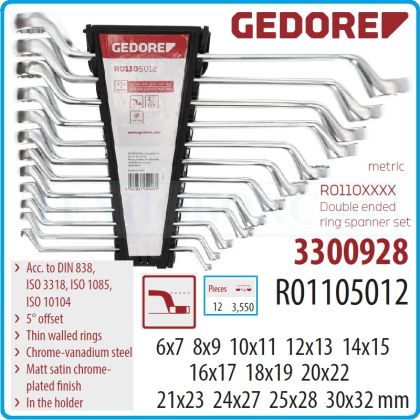 Ключове лули, ISO10104, DIN838, пълен к-т, 12 части, 5°, CrV, от 6-32mm, Gedore, R1105012.