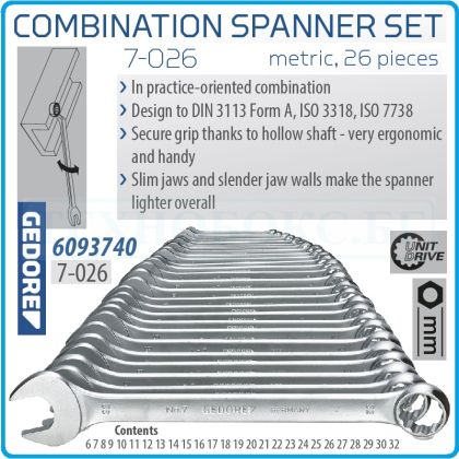 Ключове звездогаечни, от 6-32mm, пълен к-т, 26 части, 31CrV3, DIN3113, ISO7738, UD profile, Gedore, 7-026.
