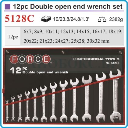 Ключове гаечни двустранни, от 6-32mm, пълен к-т, 12 части, CrV, 15°, DIN3110, Force, 5128C.