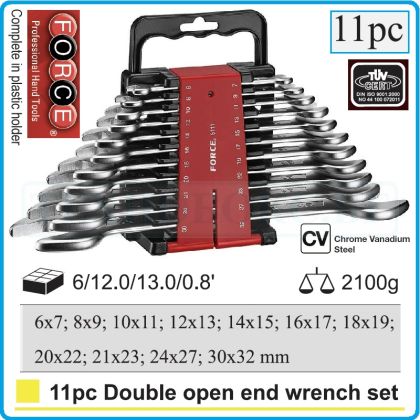 Ключове гаечни двустранни, от 6-32mm, пълен к-т, 11 части, CrV, 15°, DIN3110, Force, 5111.