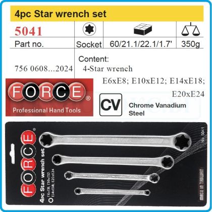Ключове звезди E-torx, от E6-E24, двустранни прави, комплект от 4 части, CrV, Force, 5041.