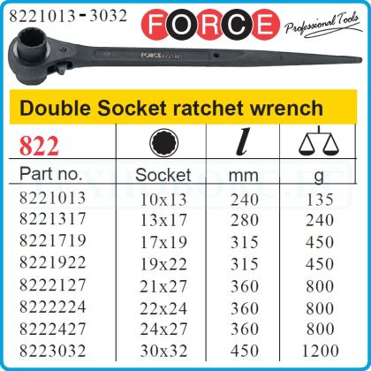 Ключ с вложка, двустранна звезда с тресчотка, усилен 8 размера, от 10-32mm, Force, 82210-32