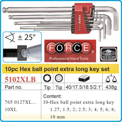Шестограми Г-образни, от 1.27-10mm, за работа под ъгъл 25°, к-т 10 броя, дълги XL, DIN2936, Force, 5102XLB.