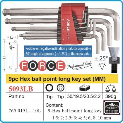 Шестограми Г-образни, от 1.5-10mm, за работа под ъгъл 25°, к-т 9 броя, дълги L, DIN2936, Force, 5093LB.