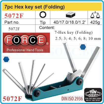 Шестограми сгъваеми, 0 - 180°, от 2.5-10mm, к-т 7 броя, къси, DIN2936, Force, 5072F.