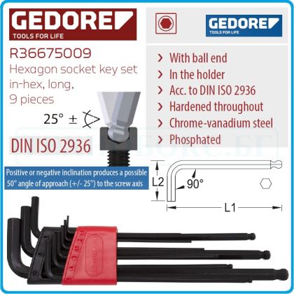 Шестограми Г-образни, от 1.5-10mm, за работа под ъгъл 25°, к-т 9 броя, дълги XL, DIN2936, Gedore, R36675009.
