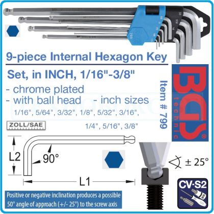 Шестограми Г-образни, inch/zoll, от 1/16"-3/8", за работа под ъгъл 25°, к-т 9 броя, дълги XL, DIN2936, BGS, 799.