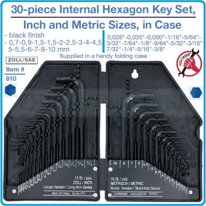 Шестограми Г-образни, Inch/Metric, к-т 30 броя, от 0.028“-3/8" + 0.7-10mm, къси на 90°, Kraftmann, 810.