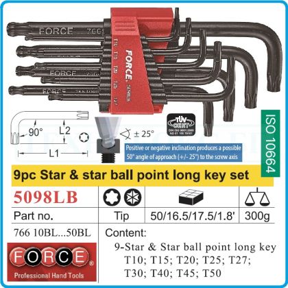 Шестограми Г-образни Torx, от T10-T50, к-т 9 броя, за работа под ъгъл 25°, дълги L, ISO10664, Force, 5098LB.