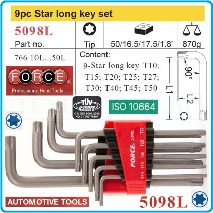 Шестограми Г-образни Torx, от T10-T50, к-т 9 броя, свити на 90°, дълги L, ISO10664, Force, 5098L.
