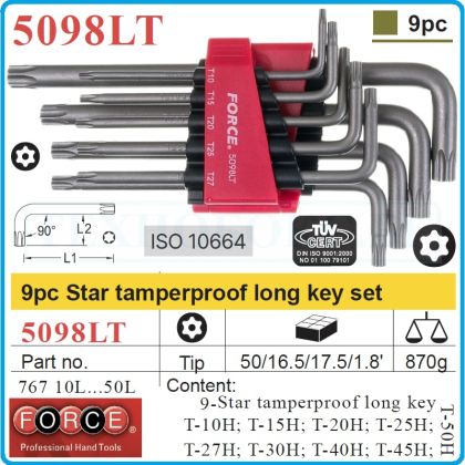 Шестограми Г-Torx с отвор, к-т 9 броя, от T10H-T50H, свити на 90°, дълги L, ISO10664, Force, 5098LT.