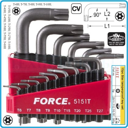 Шестограми Г-Torx с отвор, к-т 15 броя, от T6H-T60H, свити на 90°, къси, ISO10664, Force, 5151T.