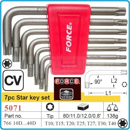 Шестограми Г-образни Torx, к-т 7 броя, от T10-T40, свити на 90°, къси, ISO10664, Force, 5071.