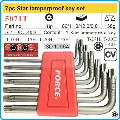 Шестограми Г-Torx с отвор, к-т 7 броя, от T10H-T40H, свити на 90°, къси, ISO10664, Force, 5071T.