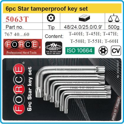 Шестограми Г-Torx с отвор, к-т 6 броя, от T40H-T60H, свити на 90°, къси, ISO10664, Force, 5063T.