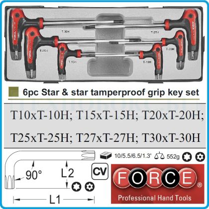 Шестограми Г-Torx с отвор и L-дръжка, к-т 6 броя, от T10H-T30H, дълги XL на 90°, ISO10664, Force, 50636.