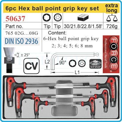 Шестограми Г-дръжка, от 2-8mm, за работа под ъгъл 25°, к-т 6 броя, дълги XL, DIN2936, Force, 50637.