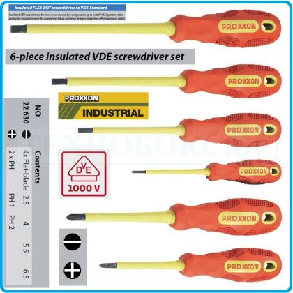 Отвертки изолирани VDE 1000V к-т, 6 броя, SL2.5-6.5 и PH1-2, CrV, с PVC дръжки, Proxxon, 22630.