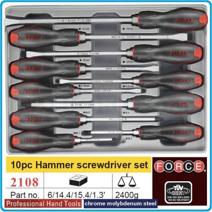 Отвертки ударни к-т, 10 броя, SL5.5-14 и PH1-4, ISO8764 DIN2380, CroMo, с PVC дръжка, Force, 2108.