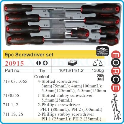 Отвертки к-т, 9 броя, SL3-6.5 и PH1-2, ISO8764 DIN2380, CroMo, с PVC дръжка, Force, 20915.