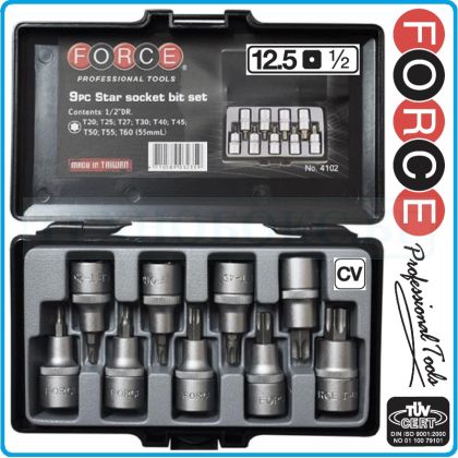 Вложки с накрайник Torx, 1/2", к-т 9ч, от T20-T60, CrV, закалени, L55x12.5mm, DIN3121, Force, 4102.