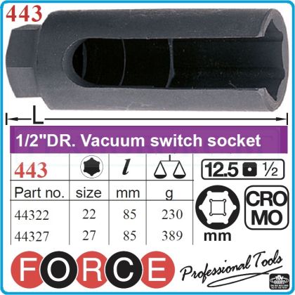 Вложка за дюзи, шестостен 22-27 mm, ключ специален, Vacuum switch, 1/2", h 85 mm, Force, 44322-7.