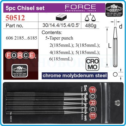 Пробои конусни к-т 5 части, за сглобки и щифтове, Ø2 - Ø6x185mmL, DIN6458, Force, 50512.