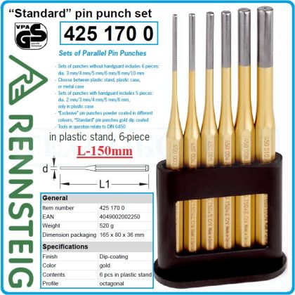 Избивачи цилиндрични к-т 6 части, за щифтове, Ø3-Ø10x150mmL, DIN6450, RENNSTEIG, 4251700.