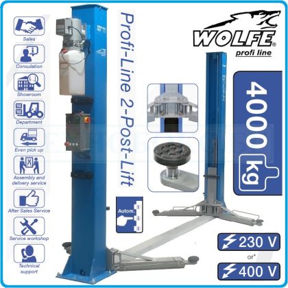 Подемник двуколонен, 4.0t, с електромагнитно заключване, крик електрохидравличен, WOLFE, W40-2DE