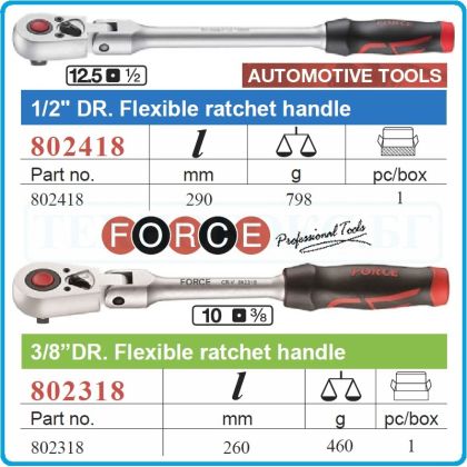 Тресчотка с чупеща глава, 1/4", 3/8", 1/2", 24 зъба, 125-290mm, Force, 802218-318-418