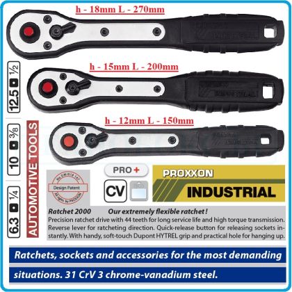 Тресчотка 2000 с плоска PVC дръжка, 1/4", 3/8", 1/2", 8°, 44 зъба, 150-200-270mm, PROXXON, 23170-80-90.
