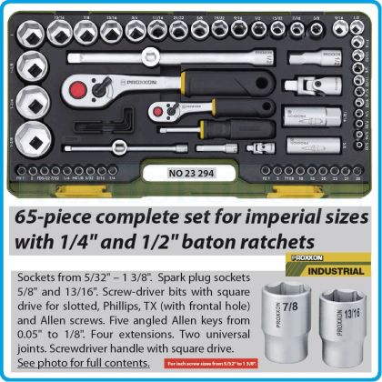 Гедоре, Inch/zoll, шестостен 65ч. на 1/4" и 1/2", вложки от 5/32" до 1-3/8" к-т, тресчотки 72з, Proxxon, 23294.