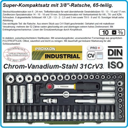 Гедоре шестостен 65ч. на 3/8", вложки от 6mm до 24mm к-т, с тресчотка 52з, Proxxon, 23112.