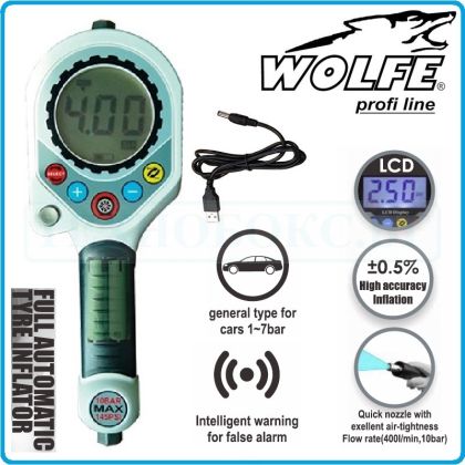 Пистолет дигитален за помпане на гуми, LCD, инфлатор, 10Bar, 3.7V, Wolfe, W-HJ919