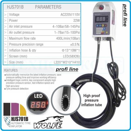 Инфлатор, прецизен уред за помпане на гуми, 10Bar, 230V, 10m, Wolfe, WJS701B.