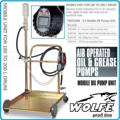 Помпа за масло к-т с количка за варел 220L, 8Bar, 3:1, 940mm, Wolfe, W-71031940.