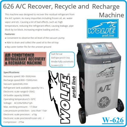 A/C, машина за автоклиматици, автоматична станция за фреон R134a, Wolfe, W 626