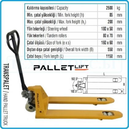 Палетна количка, 2.5t, транспалетна, вилична, Pallet Lift, PL55003