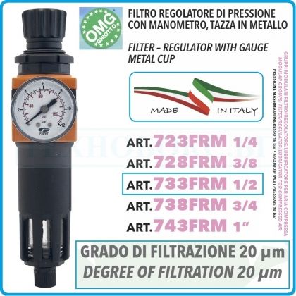 Филтър с регулатор и манометър, кондензоотделител на 1/4" или 1/2", 18Bar, 2000l/min, OMG, 723-33FRM