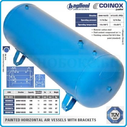 Ресивър - резервоар за сгъстен въздух от 100 до 500 литра, 11Bar, Coinox