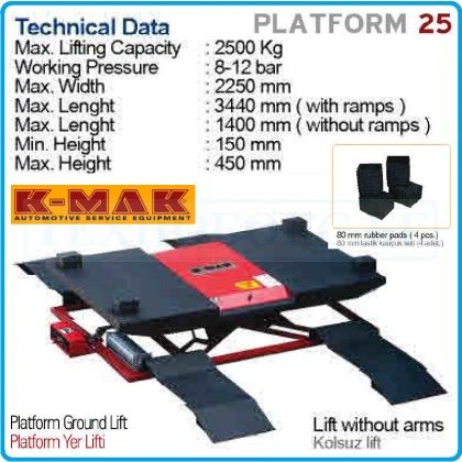 Крик - платформа за гуми, пневматичен подемник 2.5t, K-MAK, PLATFORM 25